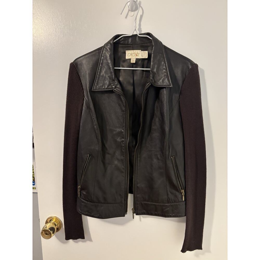 Cache Brown Leather Jacket Ribbed Knit Sleeves Boho Feminine Size L - Picture 1 of 6